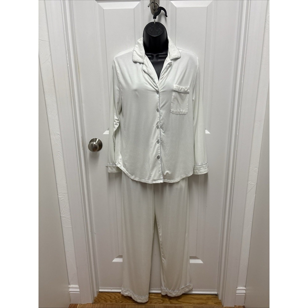 Cozy Earth Stretch-Knit Long Sleeve Bamboo Cooling PJ White with Blue Small